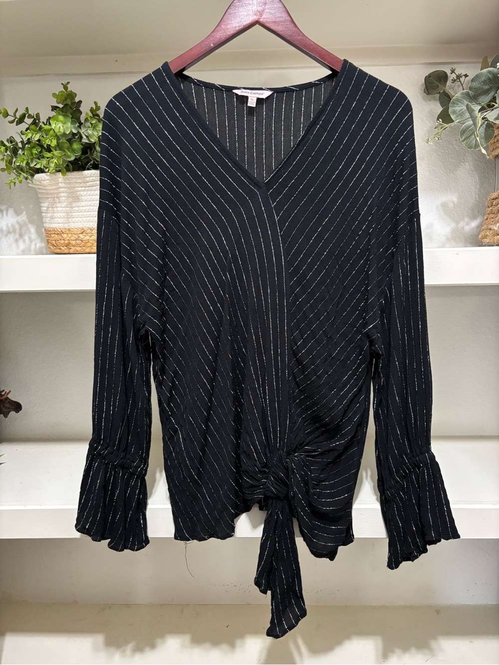 Juicy Couture Black Pinstripe V-Neck Tie-Front Long Sleeve Top